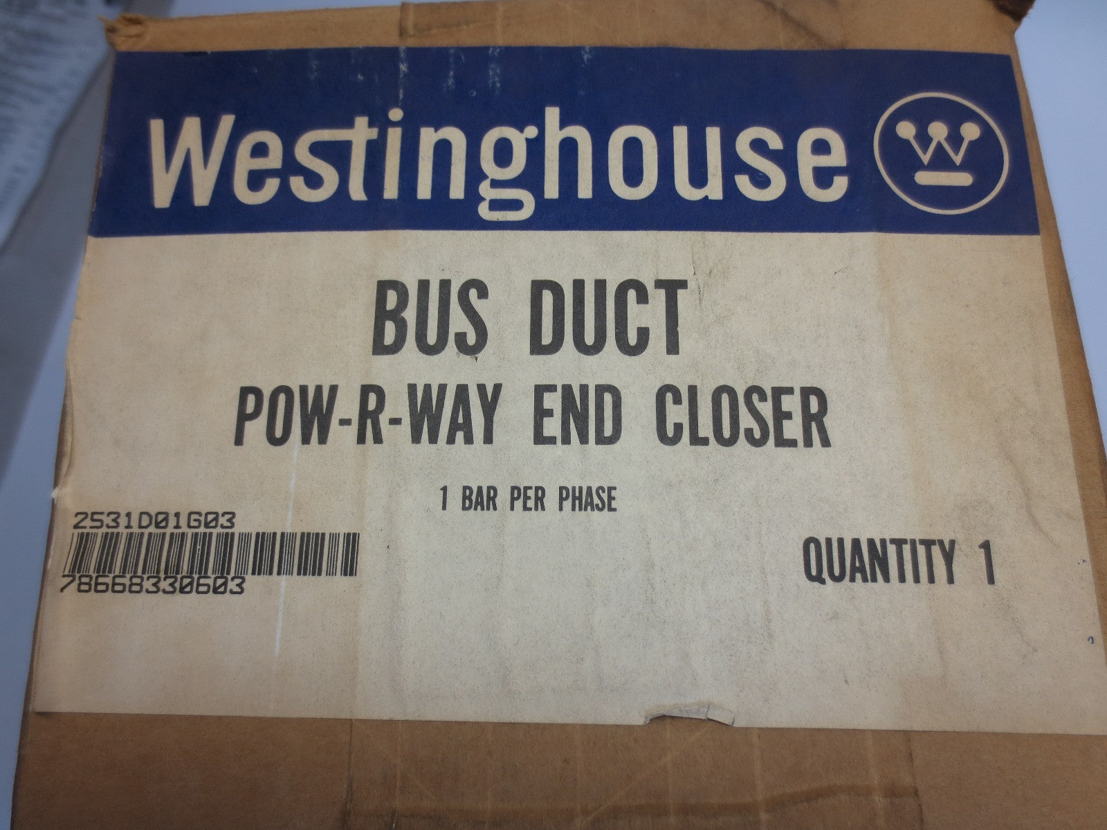 WESTINGHOUSE 2531D01G03 BUS DUCT POW-R-WAY END CLOSER - NEW SURPLUS 1