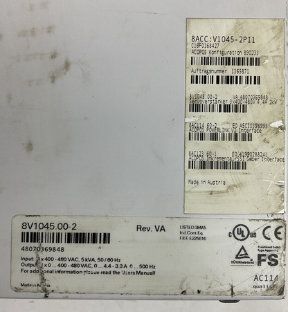 B&R ACOPOS 1045 8V1045.00-2 REV VA SERVO DRIVE 8AC123.60-1 REV E0 8AC114-60.21