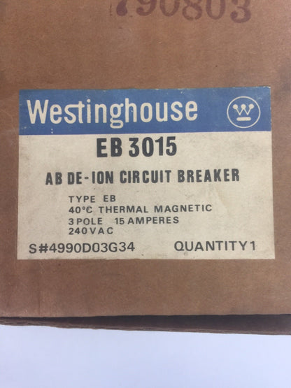 WESTINGHOUSE EB3015 AB DE-ION CIRCUIT BREAKER 15A 240VAC 3 POLE 4990D03G341