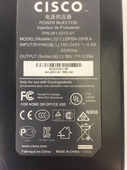 CISCO DPSN-35FBA POWER INJECTOR INPUT 100-240VAC 0.8A OUTPUT 56VDC 0.55A 1