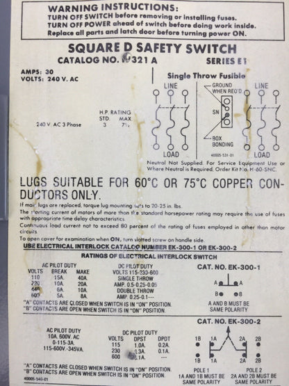 SQUARE D H321A FUSIBLE SAFETY SWITCH SERIES E1 240VAC 30A 7.5HP 3 POLE 1