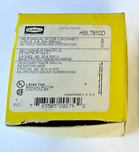 HUBBELL HBL7810D MANUAL MOTOR DISCONNECT 3POLE 3WIRE 30A 600VAC0