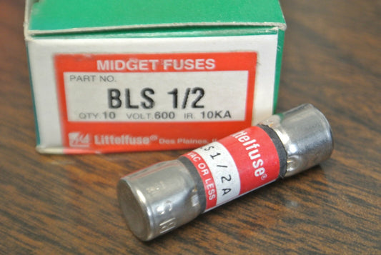 BOX of 10 / LITTELFUSE BLS1/2 MIDGET FUSE / 1/2A / 600V / NEW SURPLUS / BLS 1/20