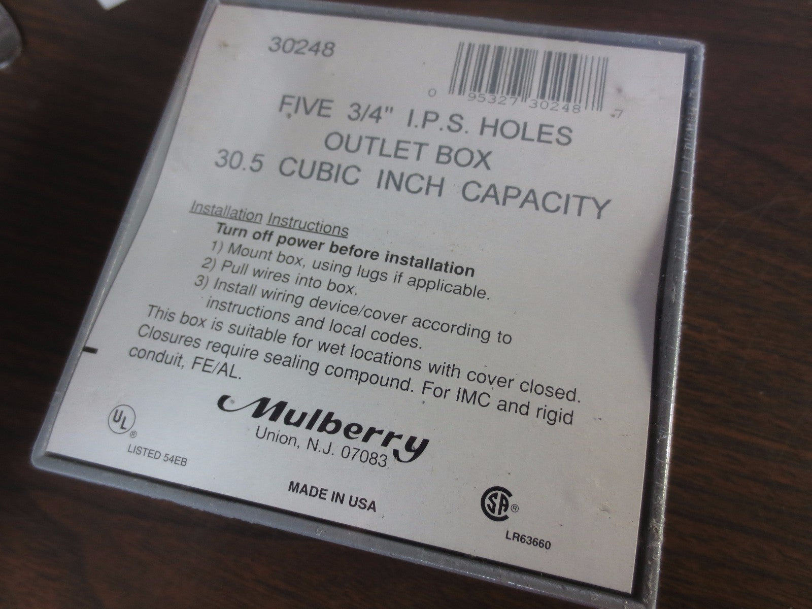 MULBERRY 30248 OUTLET BOX FIVE 3/4" I.P.S. HOLES - 30.5 CUBIC INCH CAP'Y LOT / 61