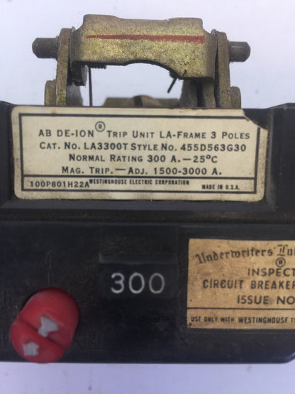 WESTINGHOUSE LA3300T AB DE-ION TRIP UNIT 300AMP 3POLE MAG. TRIP.-ADJ. 1500-3000A1