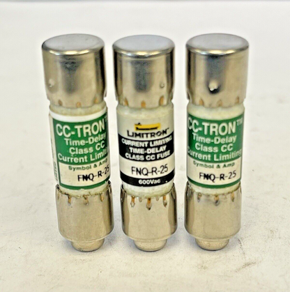 BUSSMANN *LOT OF 3* - FNQ-R-25 - 25 AMP, 600 VAC, TIME-DELAY, CLASS CC FUSES1