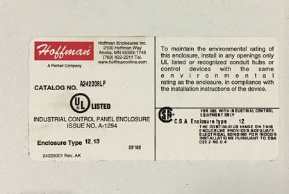 HOFFMAN 460VOLT PRIMARY 24VOLT CONTROL A242008LP7