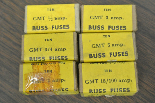 BUSS FUSES GMT 1/2A, 3/4A, 2A, 3A, 5A, 18/100A / 10 of EACH / NEW SURPLUS0