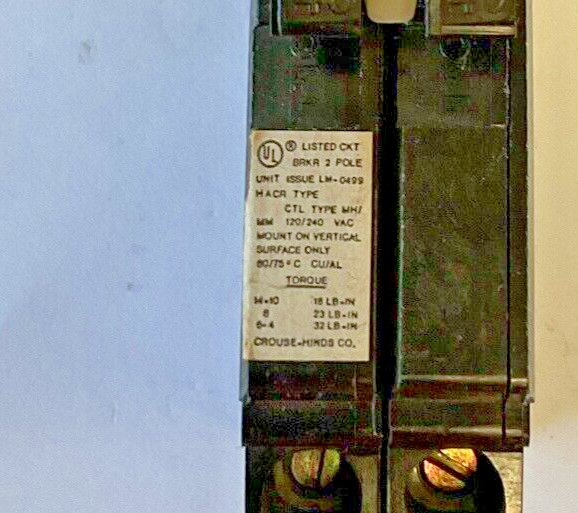 CROUSE-HINDS MH240 CIRCUIT BREAKER TYPE CTL 120/240VAC MH/MM ***LOTOF2***2