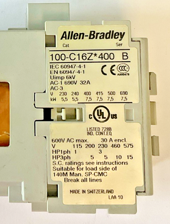 ALLEN BRADLEY 100-C16Z*400 CONTACTOR SER.B 600VAC 32A3