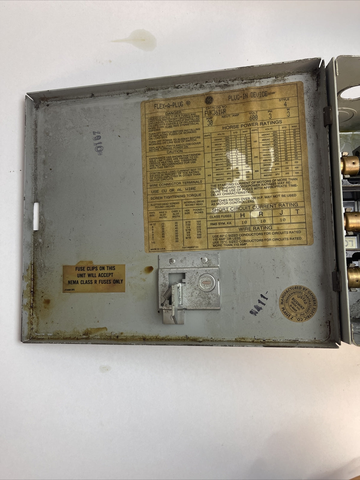 GE FVK361WR BUSWAY FLEX-A-PLUG STYLE 4 30AMP 600V 3PH 3W 20HP PLUG-IN DEVICE8