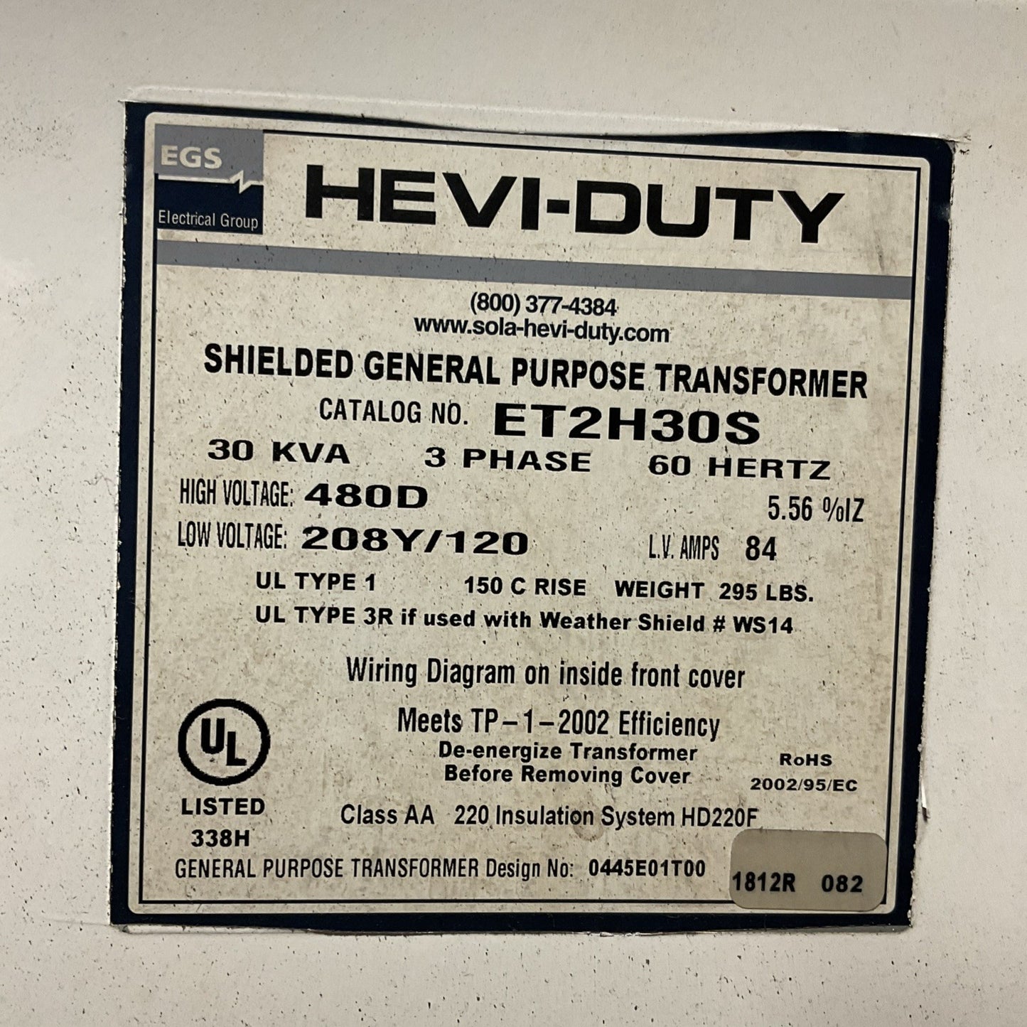 EGS HEVI-DUTY ET2H30S 30KVA 3PH 60HZ HV 480D LV208Y/120 LV AMPS 84 TRANSFORMER1