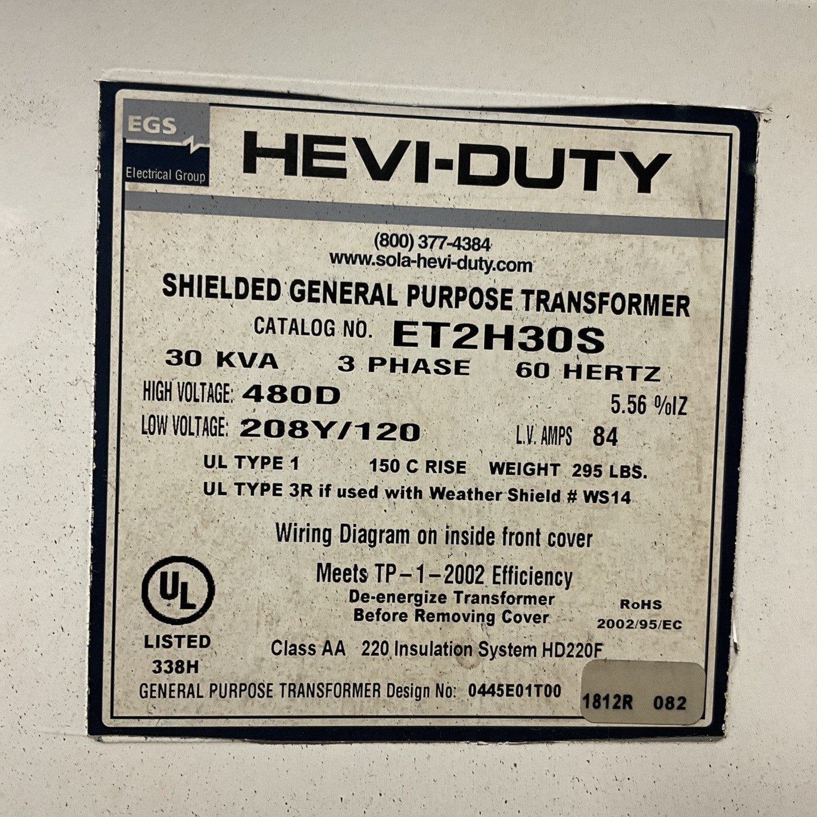 EGS HEVI-DUTY ET2H30S 30KVA 3PH 60HZ HV 480D LV208Y/120 LV AMPS 84 TRANSFORMER1