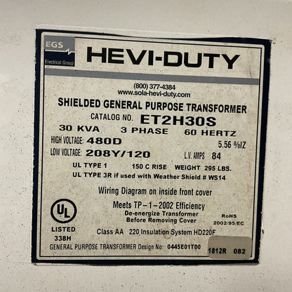 EGS HEVI-DUTY ET2H30S 30KVA 3PH 60HZ HV 480D LV208Y/120 LV AMPS 84 TRANSFORMER1