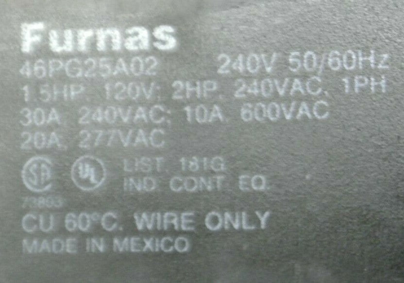 FURNAS 46PG25A02 DPDT RELAY / 240VAC / 30A / 2POLE / NEW SURPLUS in BOX6