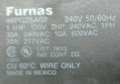 FURNAS 46PG25A02 DPDT RELAY / 240VAC / 30A / 2POLE / NEW SURPLUS in BOX6