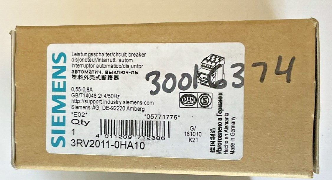 SIEMENS 3RV2011-0HA10 MOTOR CONTROL 0.55-0.8A1