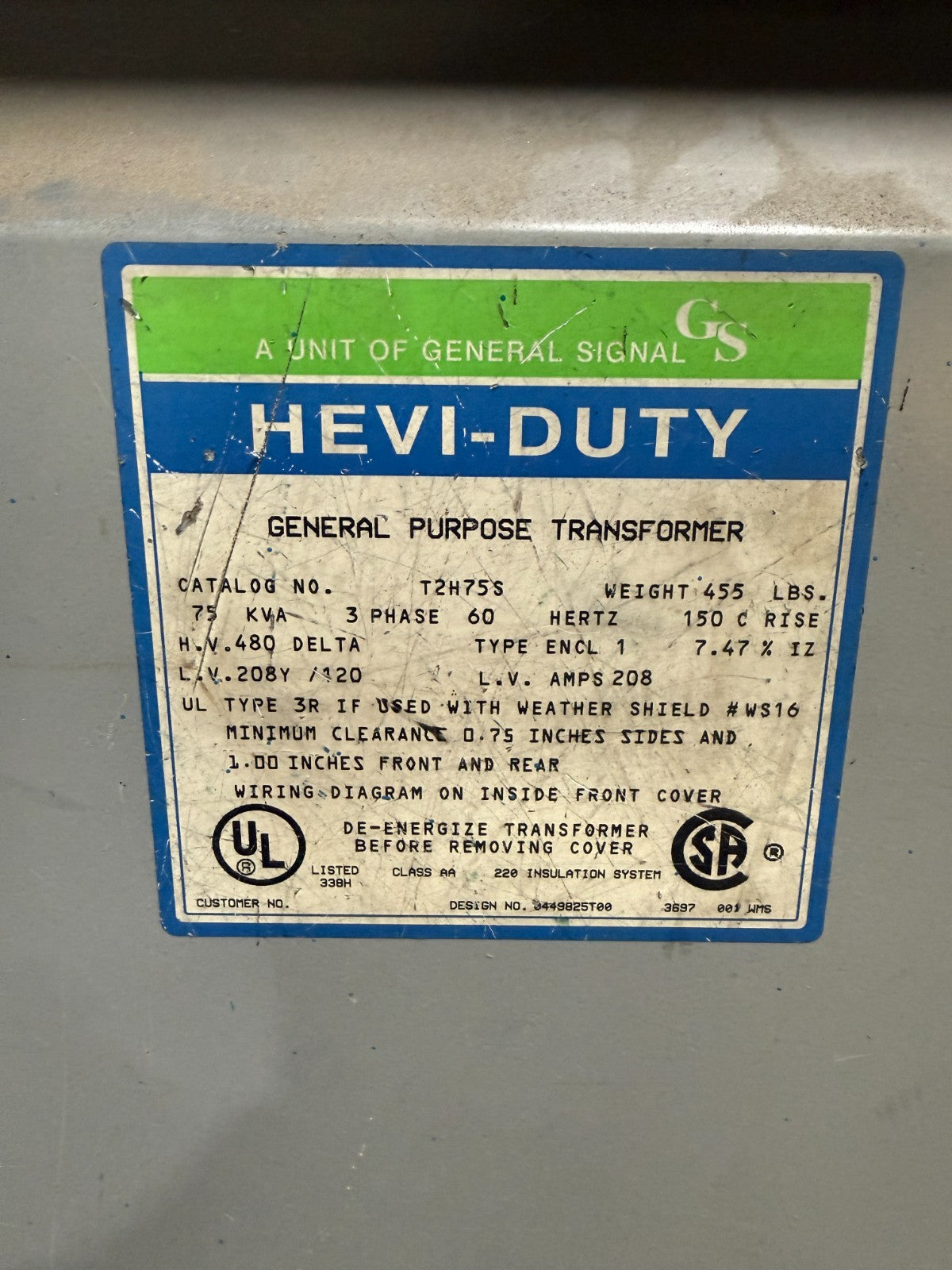 HEVI-DUTY T2H75S TRANSFORMER 3PH 75KVA H.V. 480 DELTA L.V. 208Y/1201