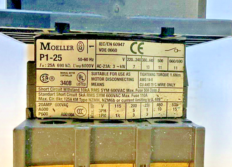 MOELLER P1-25 ON -OFF SWITCH 690VAC 25A 50-60HZ2