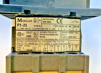MOELLER P1-25 ON -OFF SWITCH 690VAC 25A 50-60HZ2