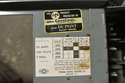 FEDERAL PACIFIC QMQB-6632  TWIN PANELBOARD SWITCH - 240VAC, 60A, 3-POLE, 7-1/2HP3