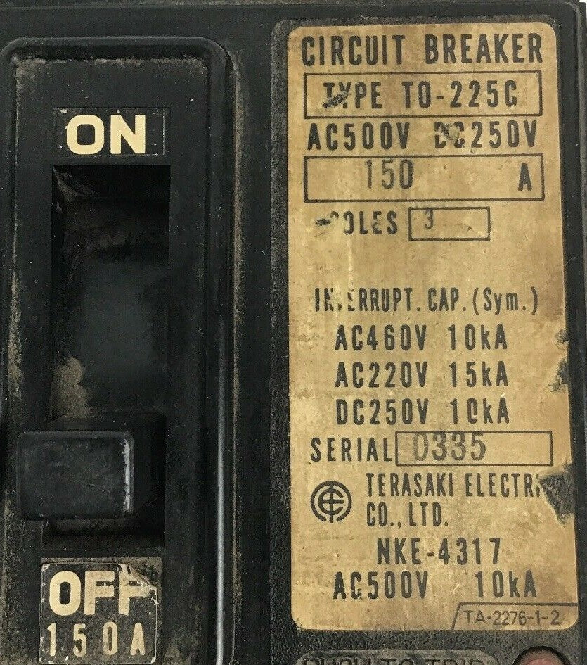 TERASAKI ELECRIC T0-225C (TO-225C) 150A CIRCUIT BREAKER 500VAC/250VDC  3POLE 1