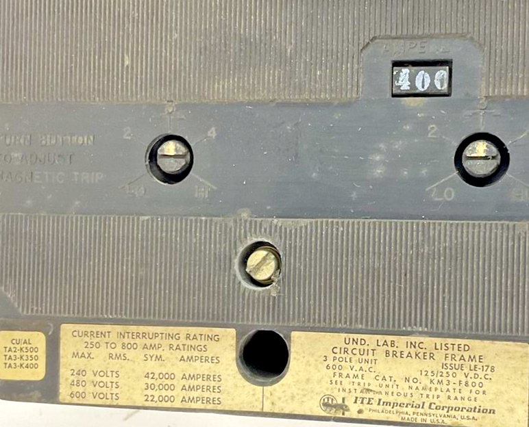 ITE KM3-F800 CIRCUIT BREAKER 400A 600VAC 125/250VDC 3POLE2