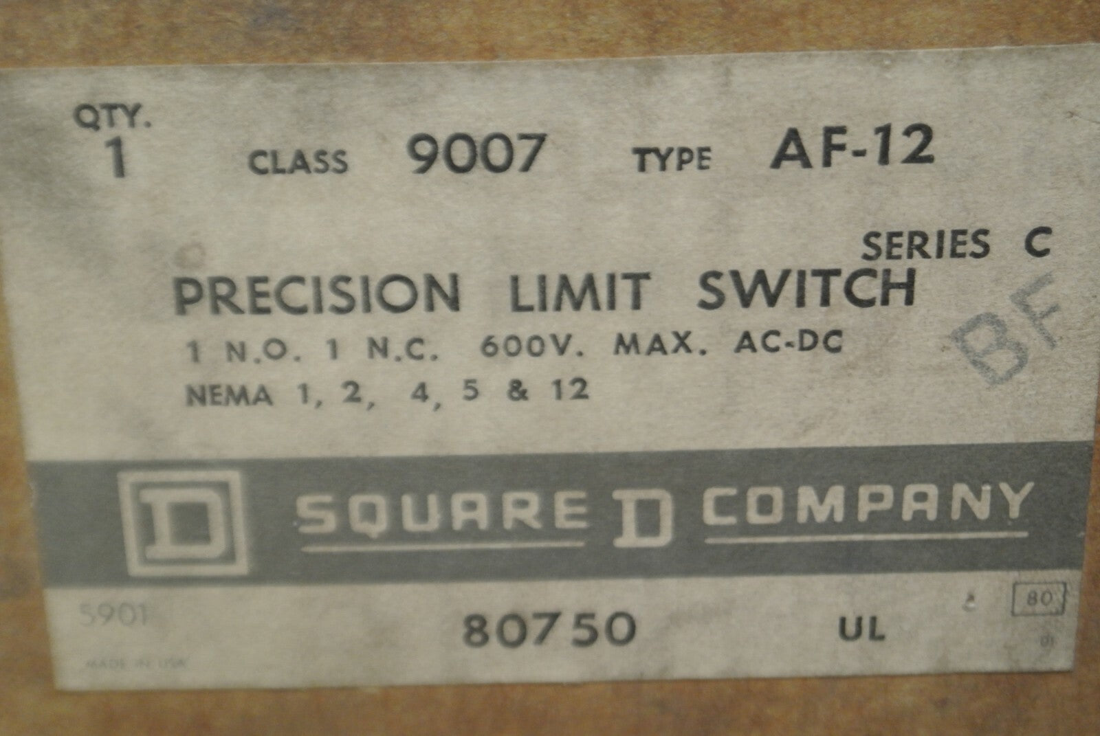 SQUARE D 9007 AF-12 Ser. C LIMIT SWITCH 600VAC/DC / 1 N.O. / 1 N.C.  NEW SURPLUS6