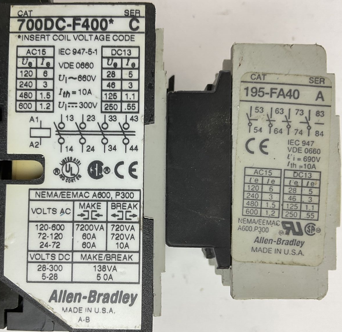 ALLEN BRADLEY 700DC-F400* SER C CONTACTOR 600VAC 300VDC 10A COIL 24VDC 195-FA403