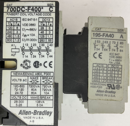 ALLEN BRADLEY 700DC-F400* SER C CONTACTOR 600VAC 300VDC 10A COIL 24VDC 195-FA403