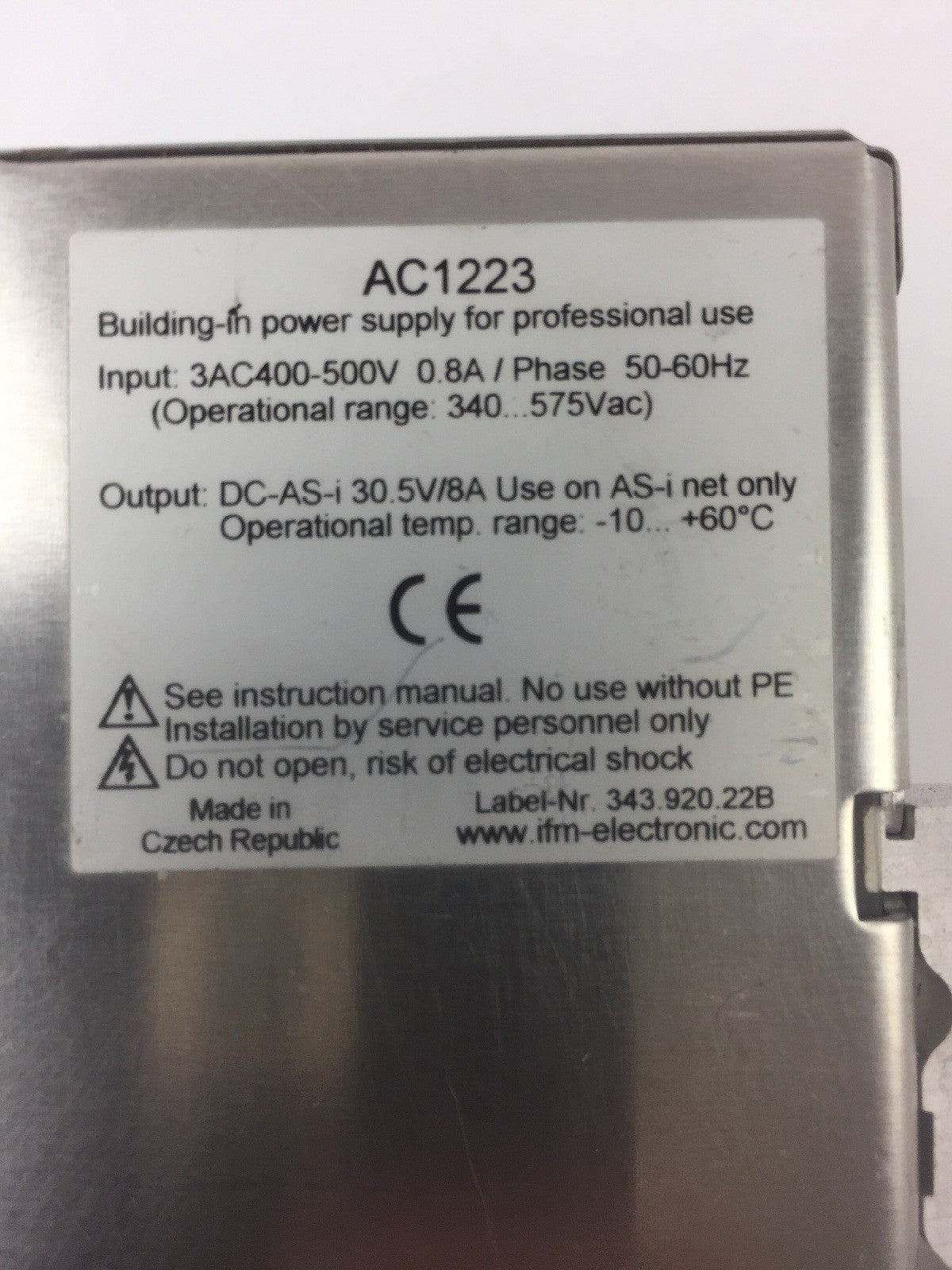 IFM AC1223 POWER SUPPLY INPUT 3AC400-500V 0.8A/PHASE OUTPUT DC-AS-i 30.5V/8A1