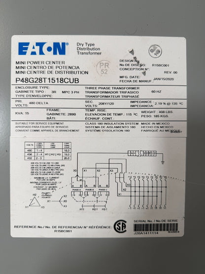 MINI POWER CENTER P48G28T1518CUB PRI VOLTS 480 DELTA SEC VOLTS 208Y/120 15KVA2