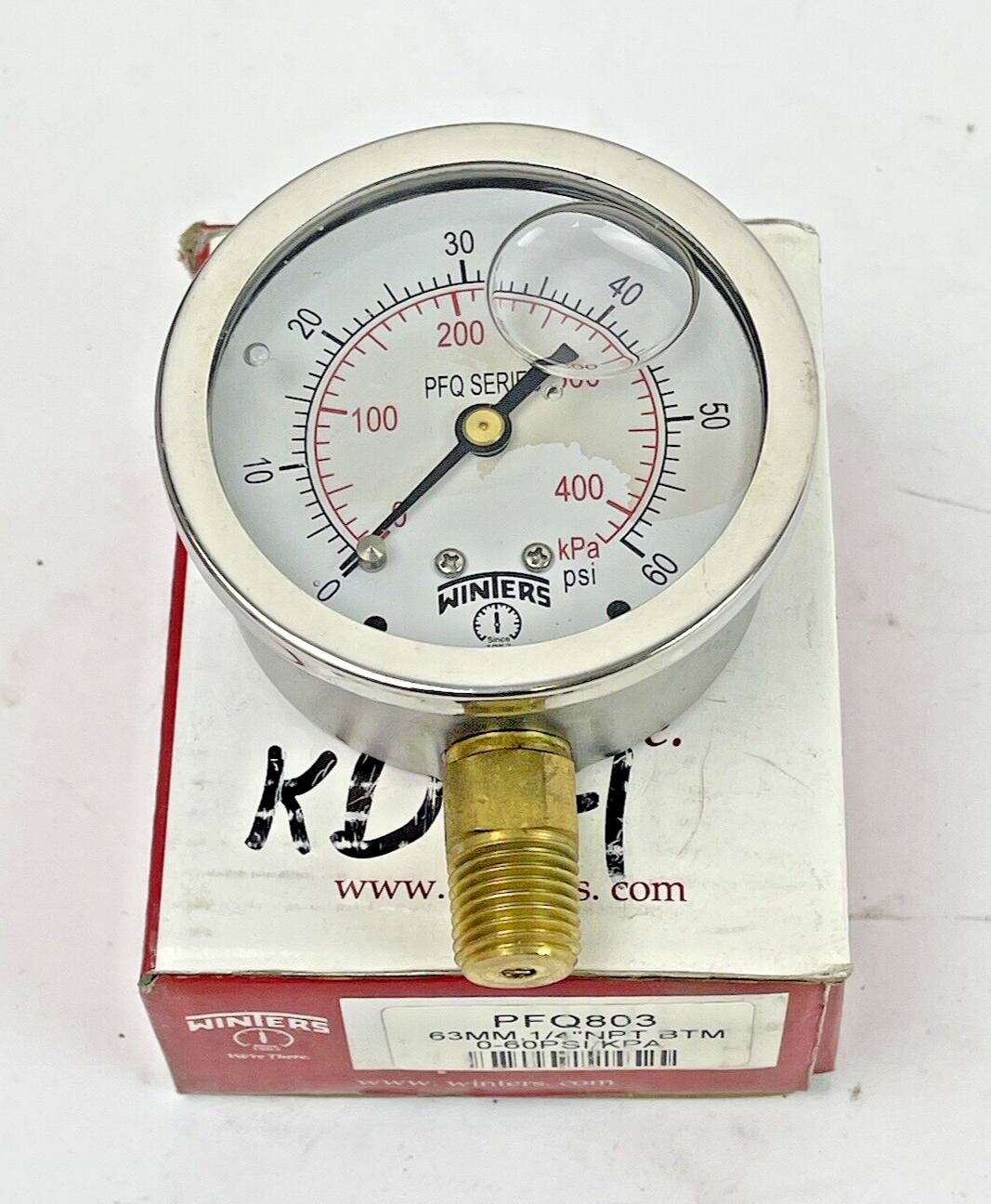 WINTERS - PFQ803- PRESSURE GAUGE - 63MM/ 2.5" DIAMETER, 1/4" NPT BTM, 0-60 PSI0