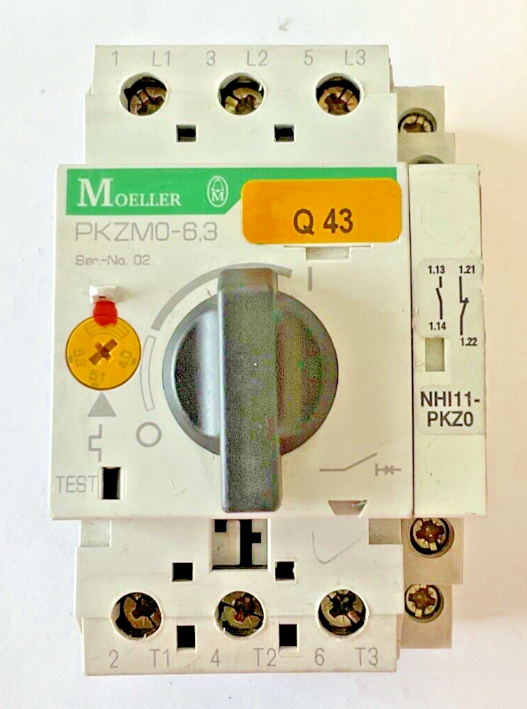 MOELLER PKZM0-6.3 CIRCUIT BREAKER SER.02 600VAC W/NHI11-PKZ0 AUX CONTACT0