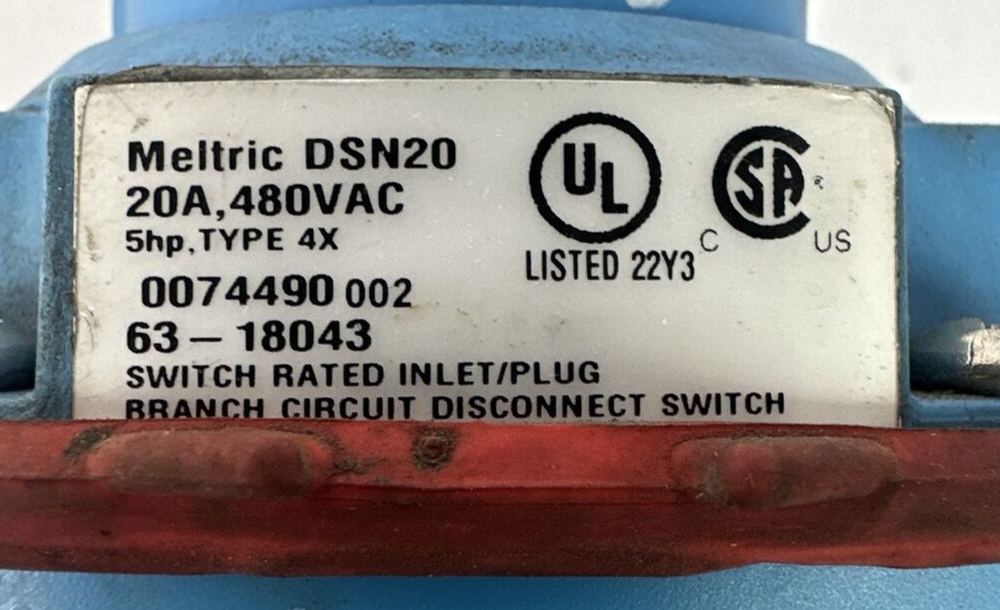 MELTRIC DSN20 20A 480VAC TYPE 4X 63-18043 SWITCH RATED INLET/PLUG BRANCH CIRCUIT1