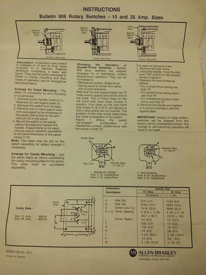 ALLEN BRADLEY 806-A62 SER. A, REVERSING DRUM SWITCH, 10A @ 600VAC,1A @ 115VDC9