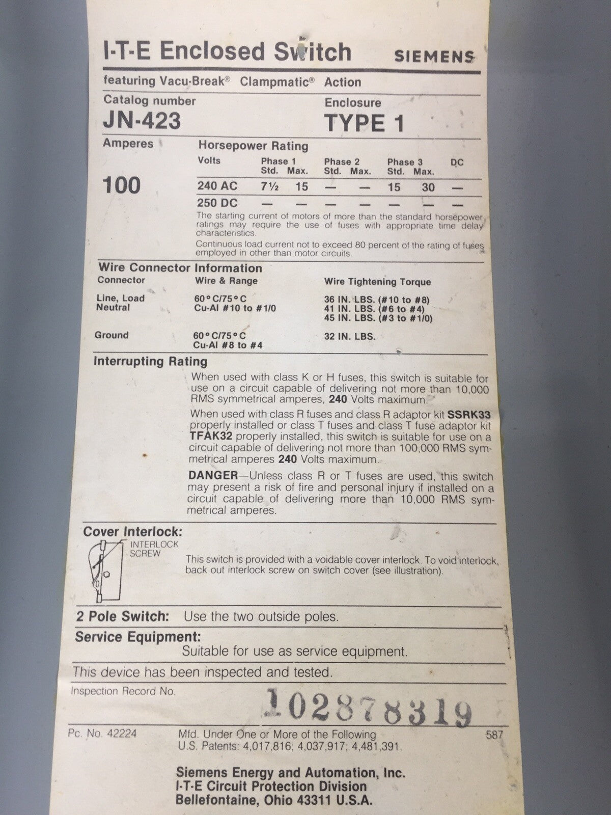 ITE JN423 ENCLOSED SWITCH 100A 240VAC 30HP TYPE 1 ENCLOSURE VACU-BREAK SWITCH W1