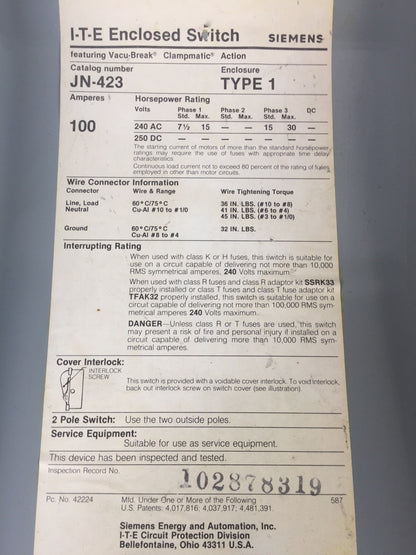 ITE JN423 ENCLOSED SWITCH 100A 240VAC 30HP TYPE 1 ENCLOSURE VACU-BREAK SWITCH W1