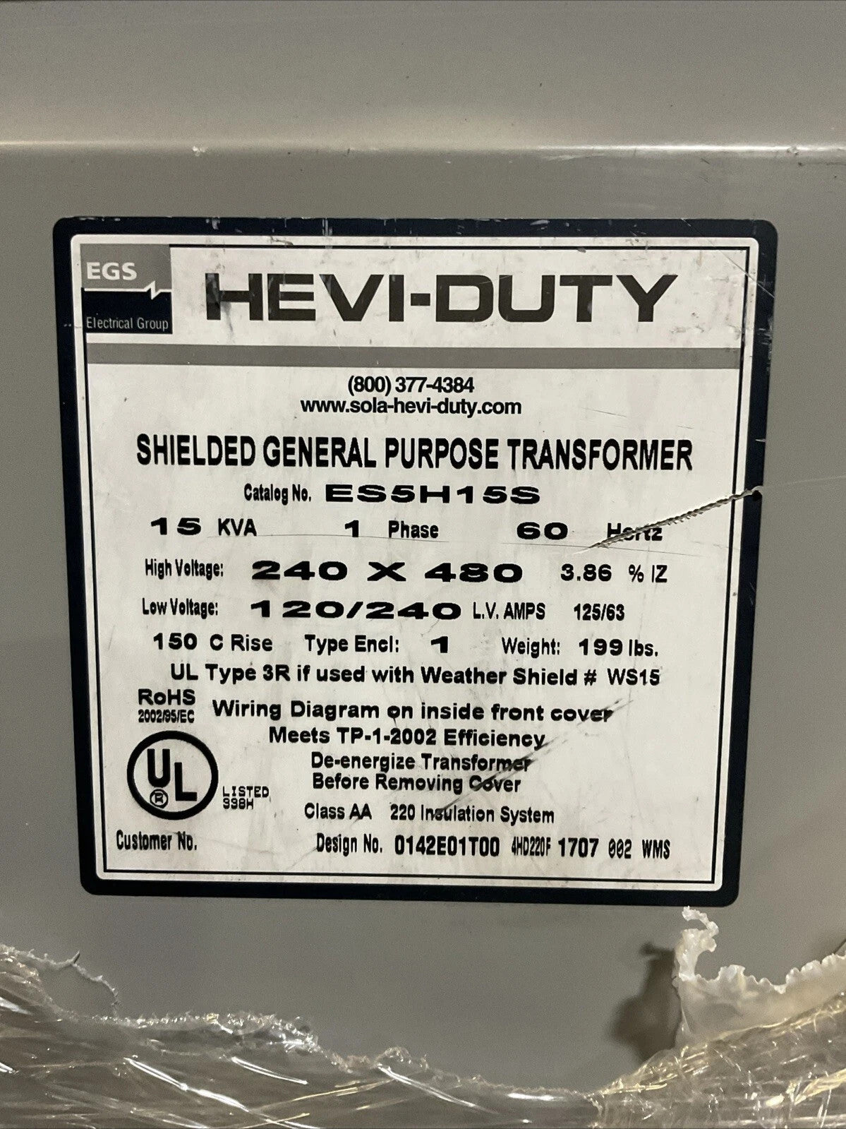 EGS ES5H15S TRANSFORMER 15KVA 1PH 60HZ HIGH VOLTAGE 240X480 LOW VOLTAGE 120/2401