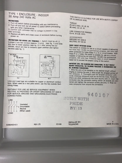 CHALLENGER HD321NFC HEAVY DUTY SAFETY SWITCH 30 AMP 240 VOLTS AC TYPE 1 INDOOR0