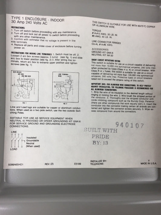 CHALLENGER HD321NFC HEAVY DUTY SAFETY SWITCH 30 AMP 240 VOLTS AC TYPE 1 INDOOR0