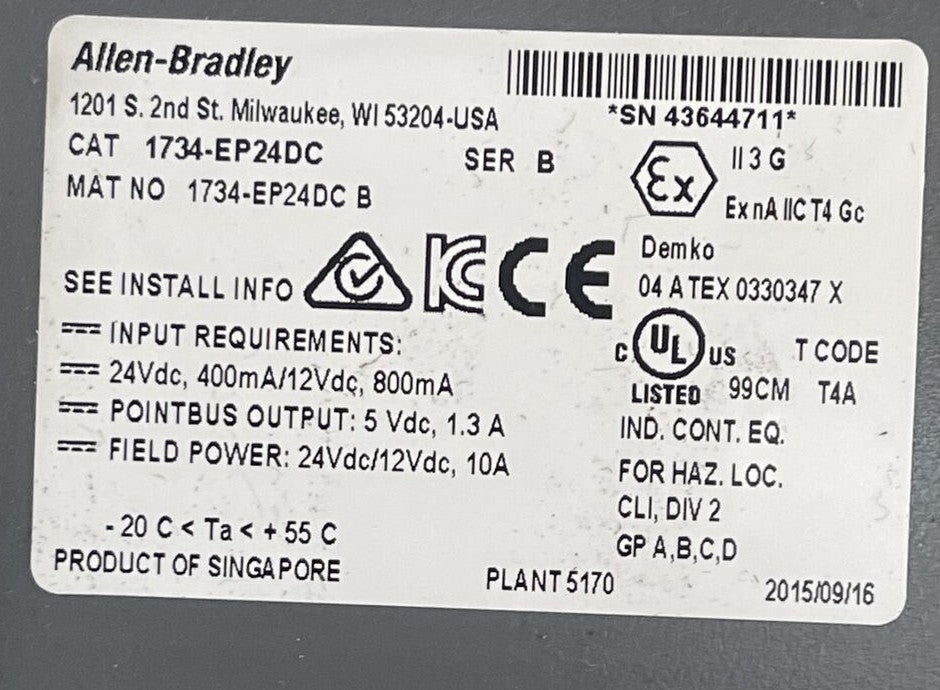 ALLEN BRADLEY 1734-EP24DC EXPANSION POWER UNIT SER B 1734-RTB SER A REV A011