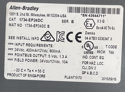 ALLEN BRADLEY 1734-EP24DC EXPANSION POWER UNIT SER B 1734-RTB SER A REV A011
