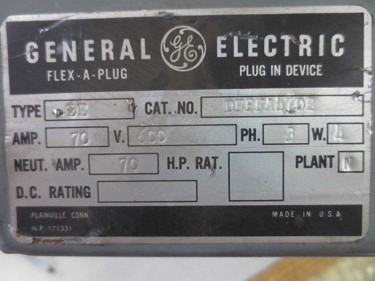 GENERAL ELECTRIC DFPFA47DE BUS PLUG / CIRCUIT BREAKER 70A, 600VAC, 3P,4W3