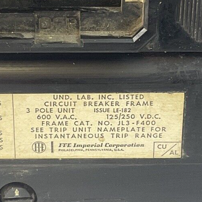 ITE JL3-F400 CIRCUIT BREAKER FRAME 400A 600VAC 125/250VDC 3POLE2