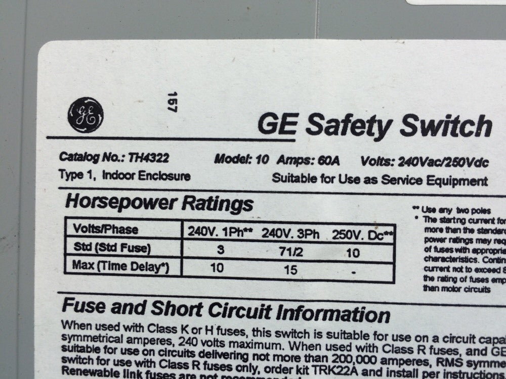 GENERAL ELECTRIC TH4322 60 AMP FUSIBLE SAFETY SWITCH TYPE 11