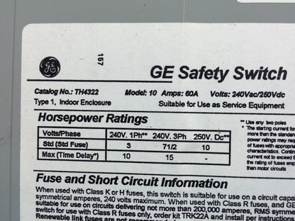 GENERAL ELECTRIC TH4322 60 AMP FUSIBLE SAFETY SWITCH TYPE 11