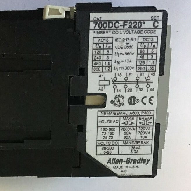 ALLEN BRADLEY 700DC-F220* CONTACTOR SER.C 600VAC 10A 4