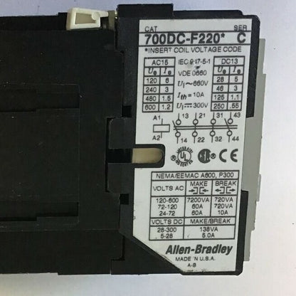 ALLEN BRADLEY 700DC-F220* CONTACTOR SER.C 600VAC 10A 4