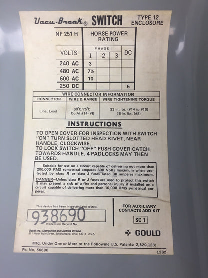 GOULD ITE NF251H VACU-BREAK SWITCH W/CLAMPMATIC CONTACTS 600 VAC 30 AMP 1 PHASE5